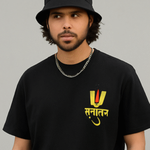 Black oversized T-shirt with yellow-red Tilak and Hindi word "सनातन" chest print – Kāntimay spiritual streetwear