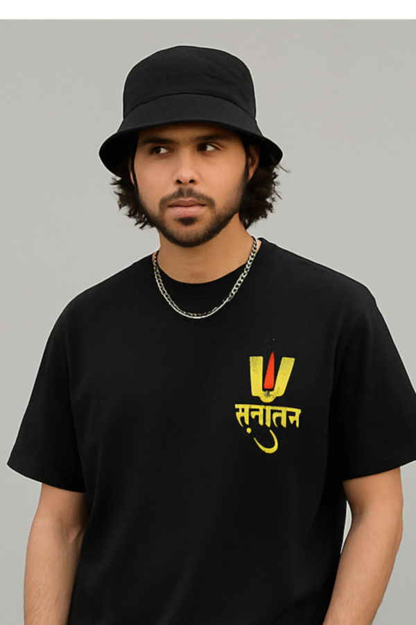 Black oversized T-shirt with yellow-red Tilak and Hindi word "सनातन" chest print – Kāntimay spiritual streetwear